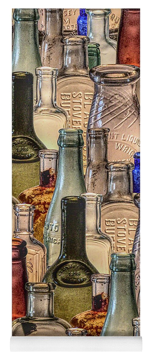 Vintage Yoga Mat featuring the digital art Vintage Glass Bottles Collage by Phil Perkins