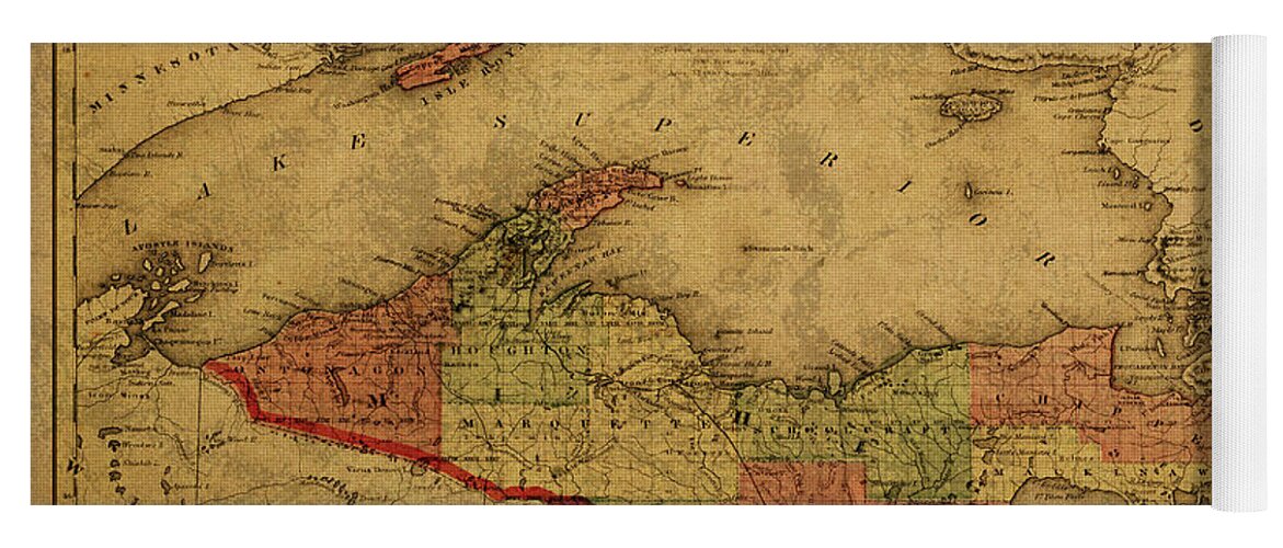 Vintage Yoga Mat featuring the mixed media Vintage Map of Michigan Upper Peninsula and Lake Superior 1873 by Design Turnpike