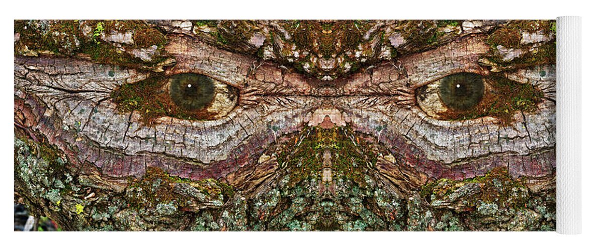 Wood Tree Eye Freaky Mask Scary Ent Organic Life Moss Algae Eyes Eyeball Watching Watcher Abstract Psychodelic Nightmare Frightful Monster Dark Forest “green Man” Yoga Mat featuring the photograph Watcher in the Wood #1 - Human face and eyes hiding in mirrored tree feature- Green Man by Peter Herman