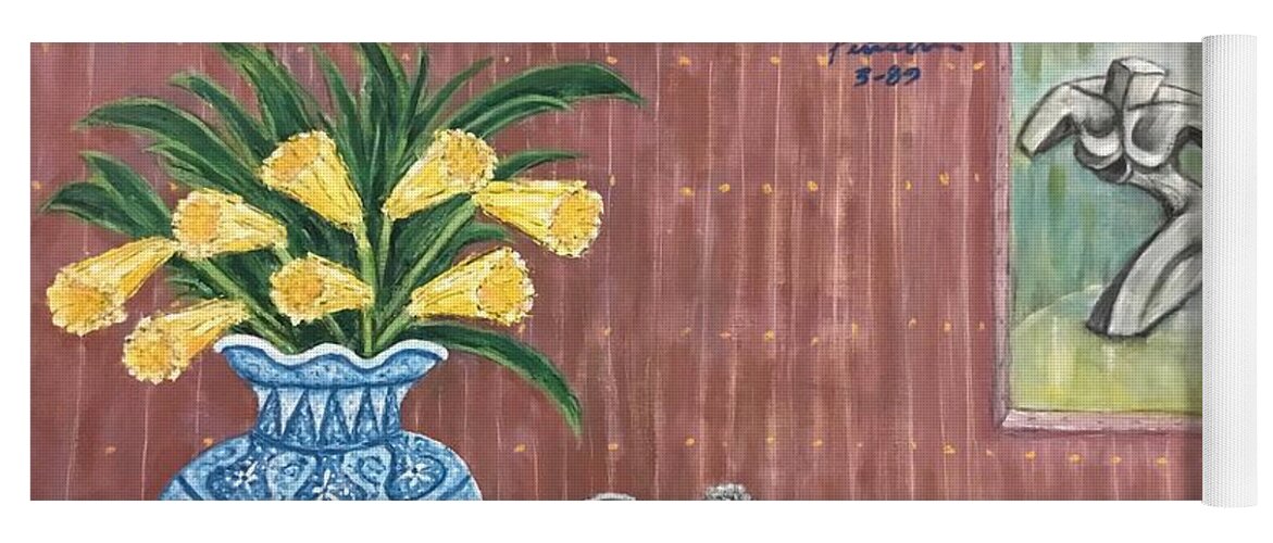 Ricardosart37 Yoga Mat featuring the painting Yellow Daffodils in a Water Dragon Vase by Ricardo Penalver deceased