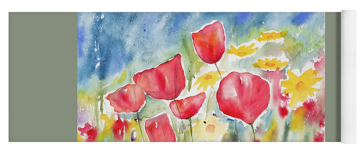 Poppy Yoga Mat featuring the painting Watercolor - Poppies and Sky by Cascade Colors