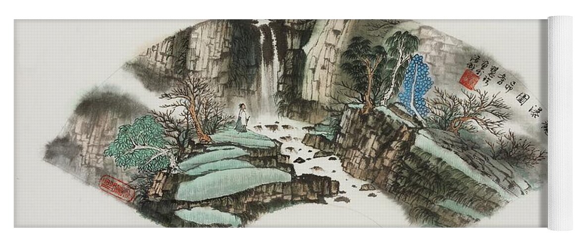 Chinese Watercolor Yoga Mat featuring the painting Waterfall Hike by Jenny Sanders