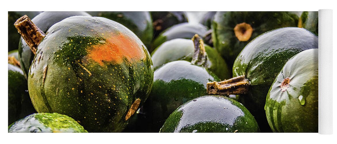 Pumpkin Yoga Mat featuring the photograph Wet green pumpkins by Lyl Dil Creations