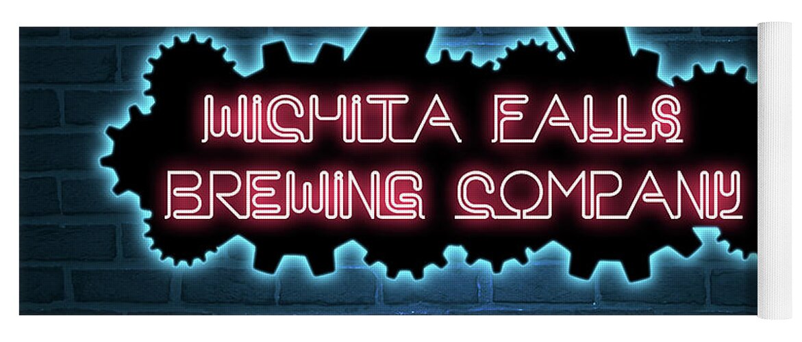 Wichita Falls Brewing Company Yoga Mat featuring the mixed media WFBC blue neon by SORROW Gallery