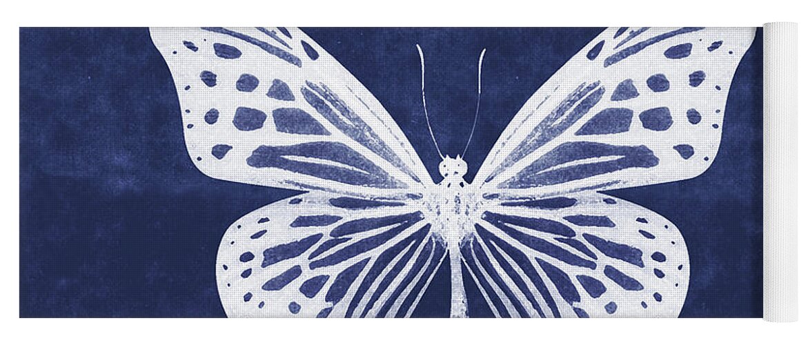 Butterfly Yoga Mat featuring the mixed media White and Indigo Butterfly- Art by Linda Woods by Linda Woods