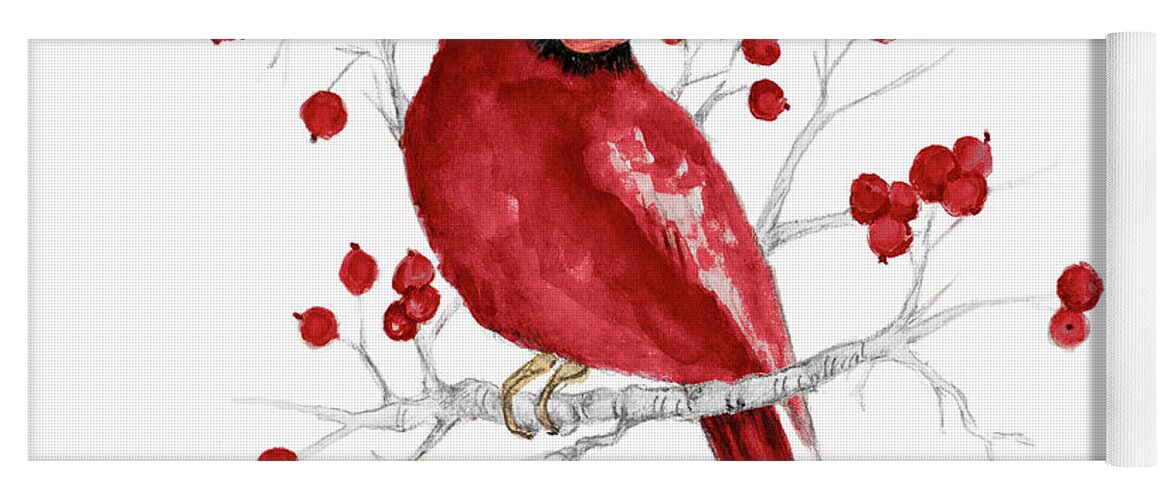 Cardinal Yoga Mat featuring the mixed media Winter Cardinal In Red I by Janice Gaynor