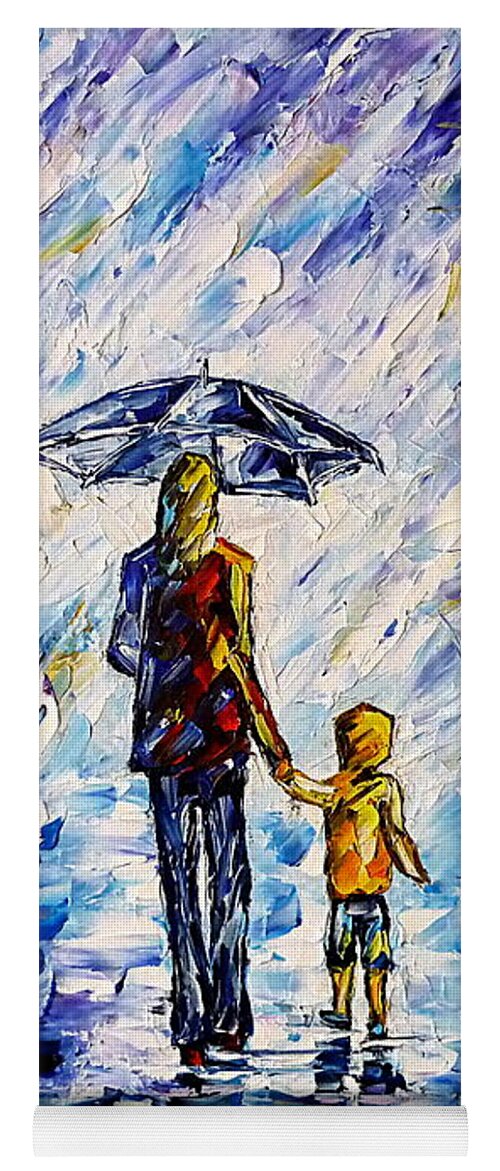 Mother And Child Yoga Mat featuring the painting Woman With Child In The Rain by Mirek Kuzniar