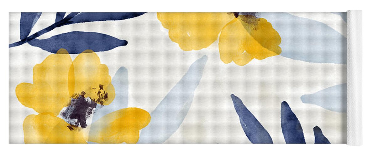 Flowers Yoga Mat featuring the mixed media Yellow and Navy 1- Floral Art by Linda Woods by Linda Woods