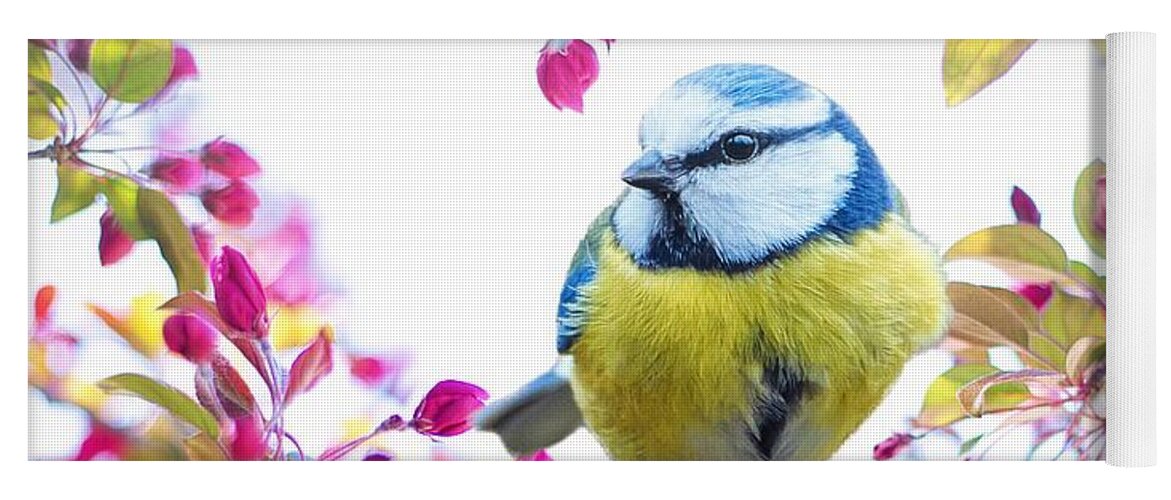 Bird Yoga Mat featuring the photograph Yellow blue bird with flowers by Top Wallpapers