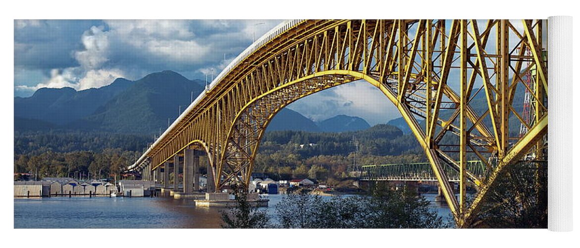 Alex Lyubar Yoga Mat featuring the photograph Yellow bridge across the inlet by Alex Lyubar