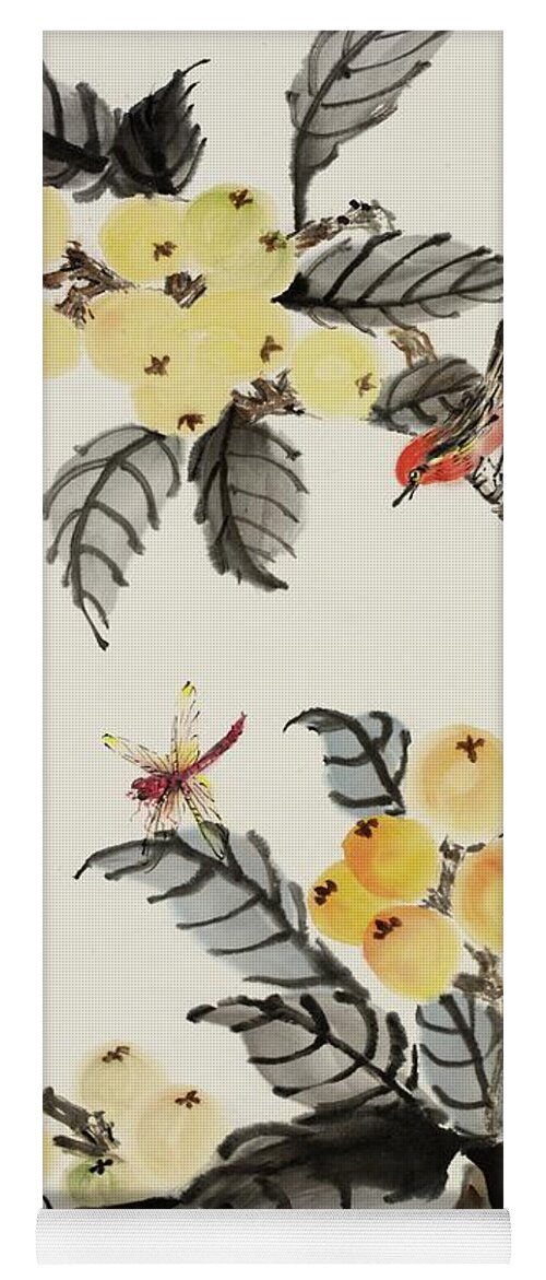 Chinese Watercolor Yoga Mat featuring the painting Bird and Dragonfly On the Loquat Tree by Jenny Sanders
