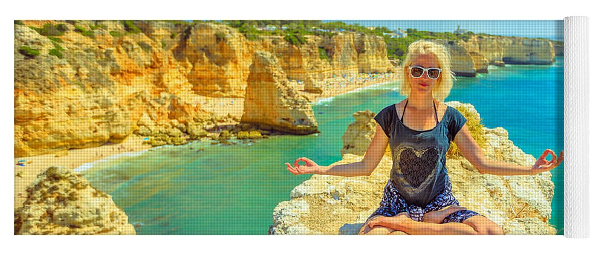 Portugal Yoga Mat featuring the photograph Yoga in Algarve coast by Benny Marty