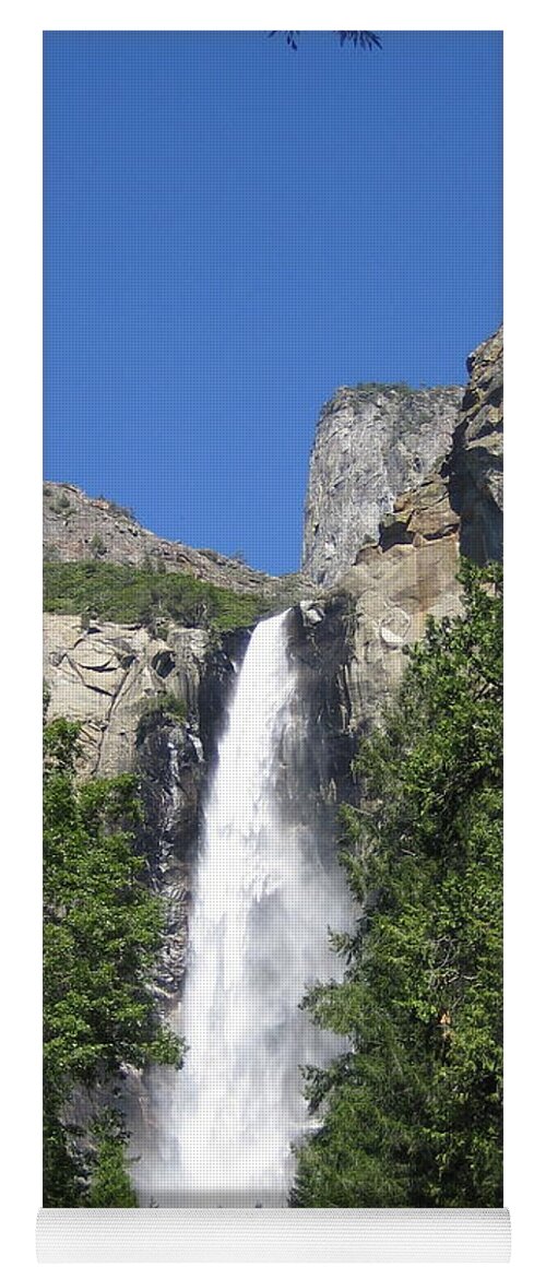 Yosemite Yoga Mat featuring the photograph Yosemite National Park Bridal Veil Falls Water Fall Blast on a Blue Sky Day by John Shiron