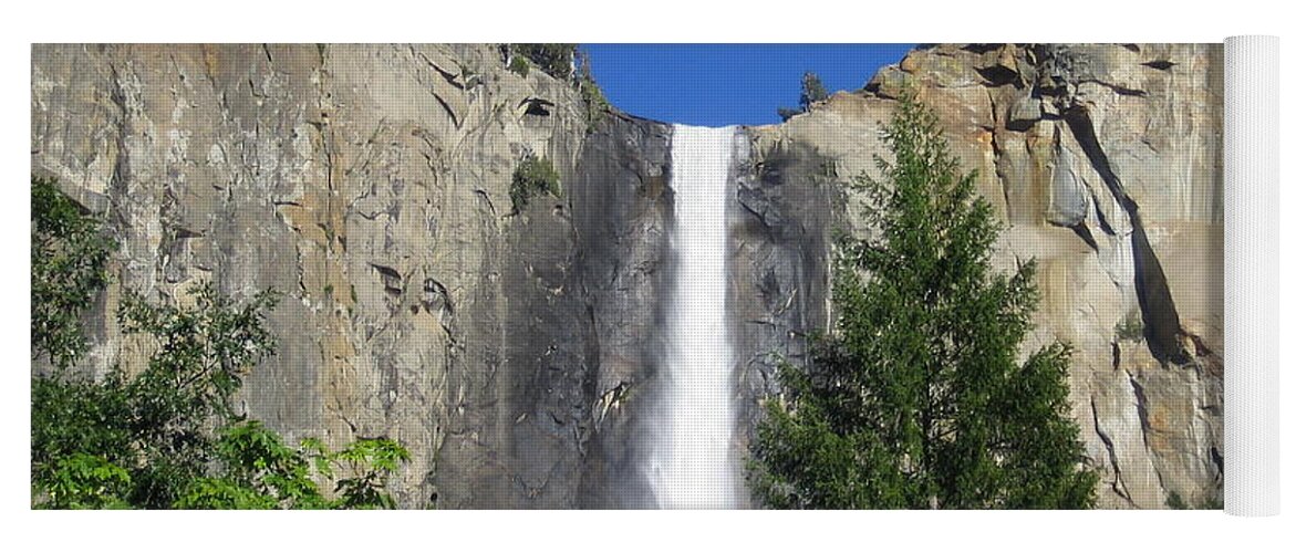 Yosemite Yoga Mat featuring the photograph Yosemite National Park Bridal Veil Falls Waterfall Close Up View with Clear Blue Sky by John Shiron