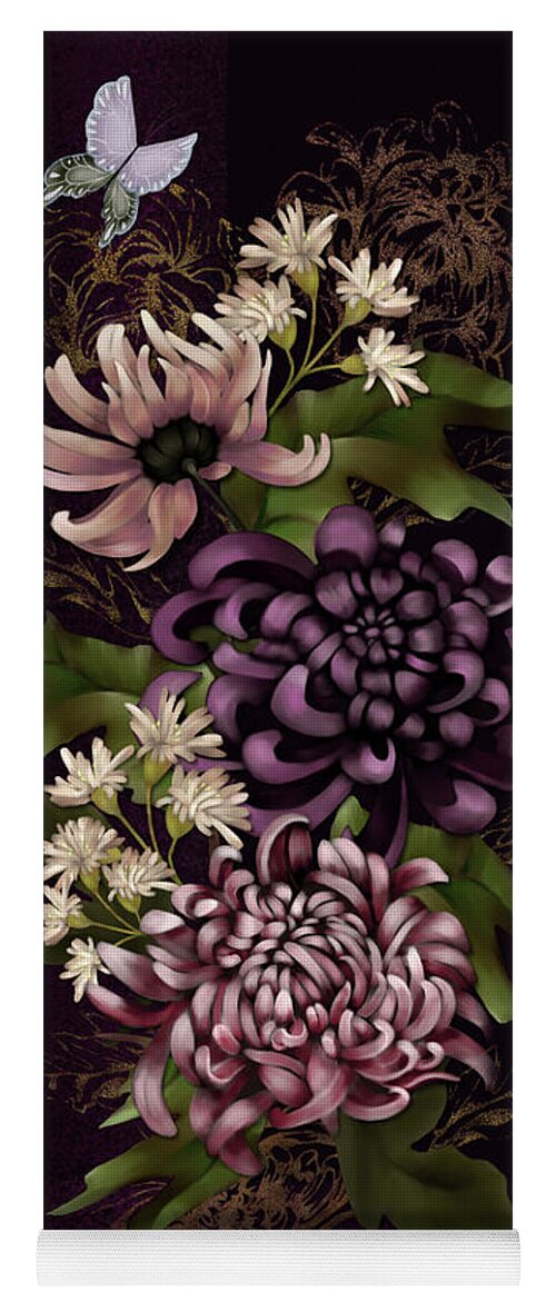 Chinoiserie Yoga Mat featuring the digital art Chrysanthemums and Butterfly Modern Chinoiserie dark purple by Sand And Chi