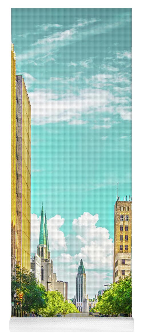 Main Street Yoga Mat featuring the photograph Downtown Tulsa with turquoise sky - Modern and Art Deco building #1 by Susan Vineyard