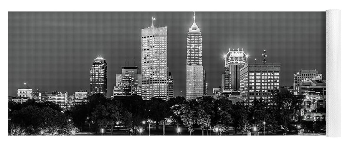 2013 Yoga Mat featuring the photograph Indianapolis Skyline at Night Black and White Panoramic Photo #1 by Paul Velgos