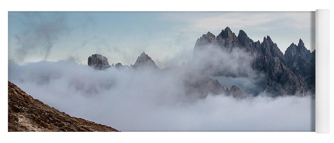 Italian Alps Yoga Mat featuring the photograph Mountain landscape with fog in autumn. Tre Cime dolomiti Italy. by Michalakis Ppalis