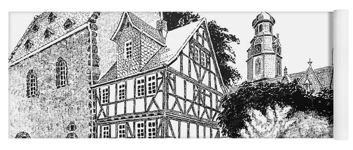 Butzbach Yoga Mat featuring the drawing Old Butzbach, Germany #2 by John Paul Stanley