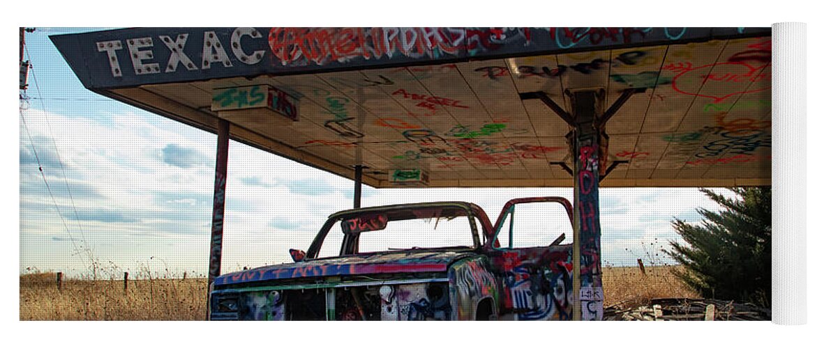 Americana Yoga Mat featuring the photograph Painted abandoned cars on Historic Route 66 #1 by Eldon McGraw