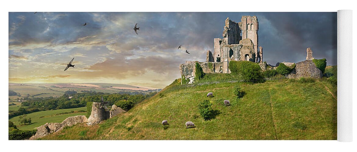 Corfe Castle Yoga Mat featuring the photograph Photo of Corfe castle Keep , Dorset England by Paul E Williams