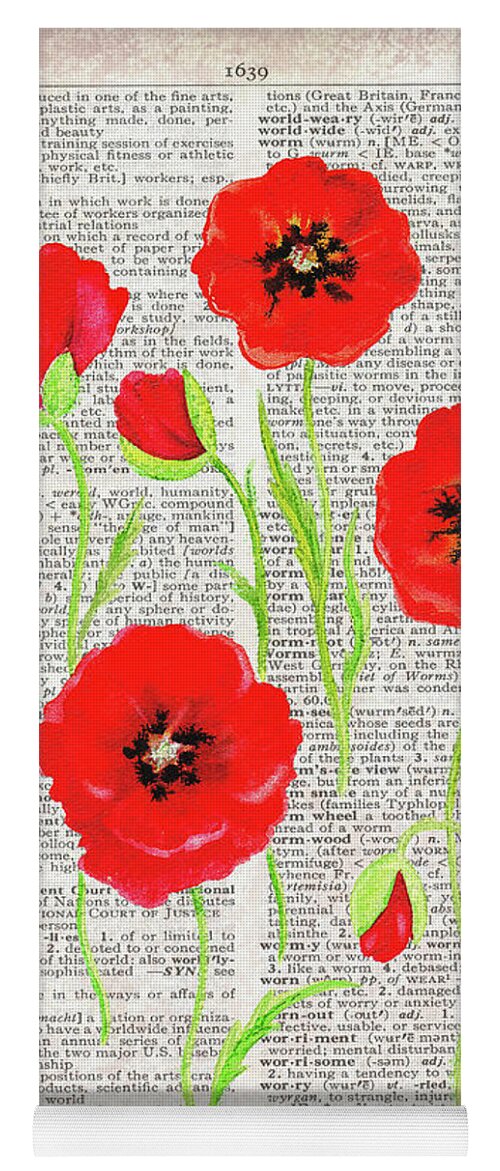 Dictionary Yoga Mat featuring the painting Red Poppies Wildflowers Dictionary Page Watercolor #1 by Irina Sztukowski