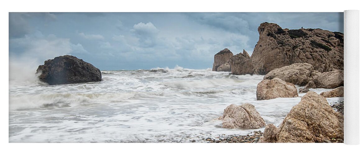 Paphos Yoga Mat featuring the photograph Seascapes with windy waves. Rock of Aphrodite Paphos Cyprus by Michalakis Ppalis