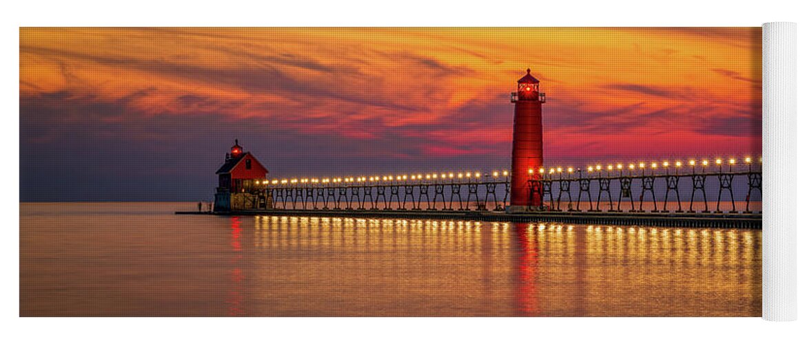 Grand Haven Yoga Mat featuring the digital art Sunset at Grand Haven Lighthouse #1 by Kevin McClish