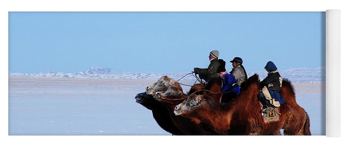 Winter Camel Racing Yoga Mat featuring the photograph Winter Camel racing by Elbegzaya Lkhagvasuren