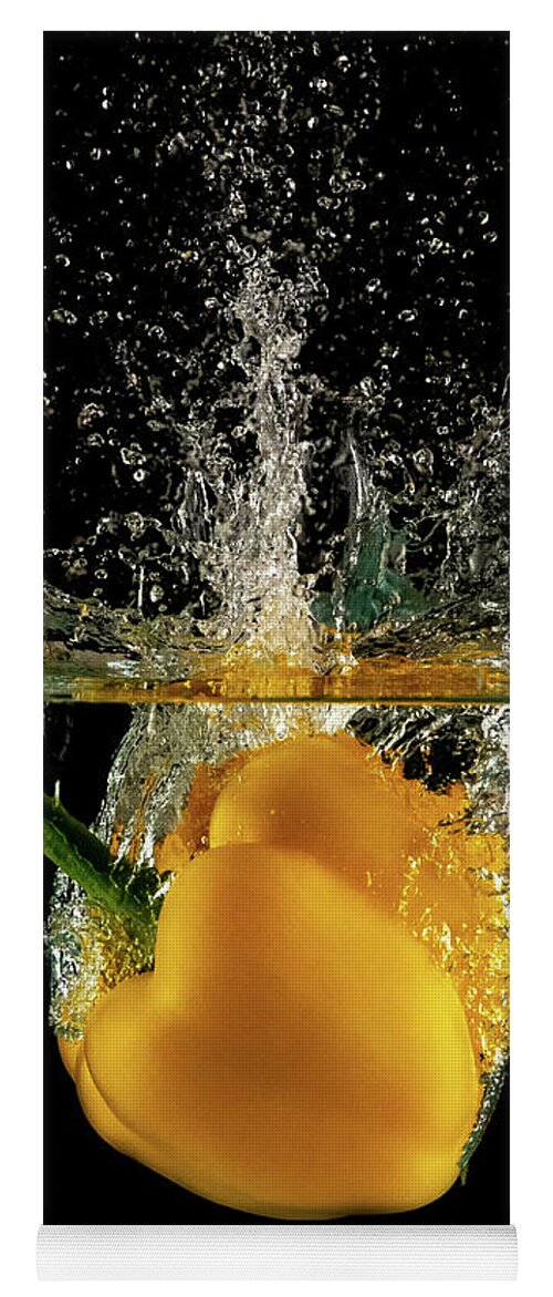 Pepper Yoga Mat featuring the photograph Yellow bell pepper dropped and slashing on water by Michalakis Ppalis