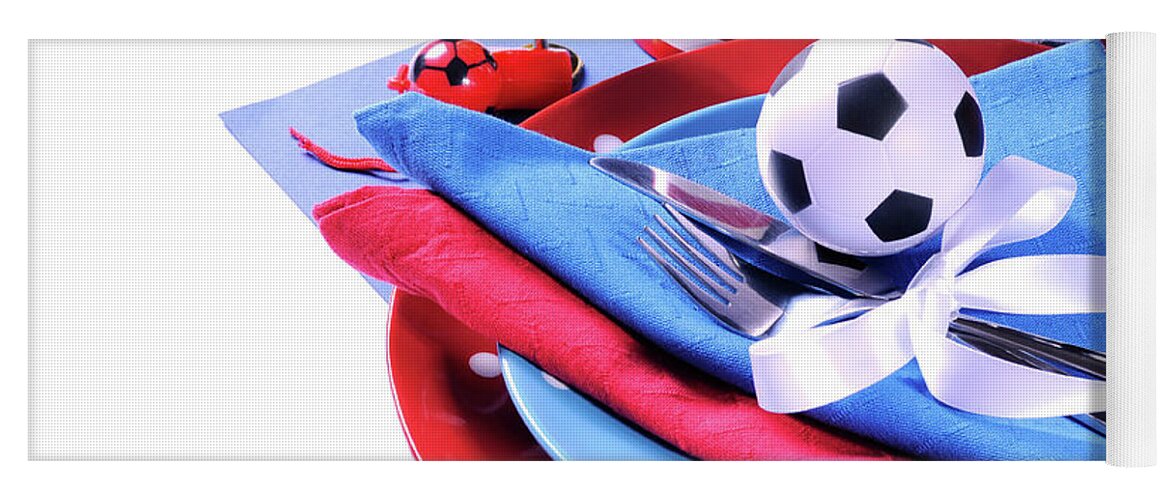 Red Yoga Mat featuring the photograph Soccer football celebration party table setting #11 by Milleflore Images