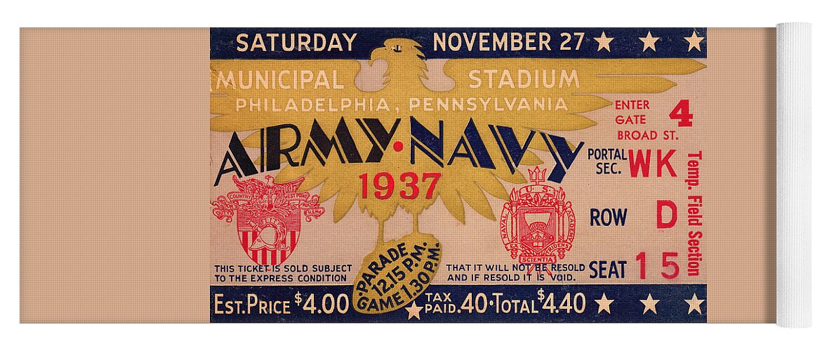 1937 Army Navy Game Yoga Mat featuring the mixed media 1937 Army vs. Navy Football Ticket by Row One Brand