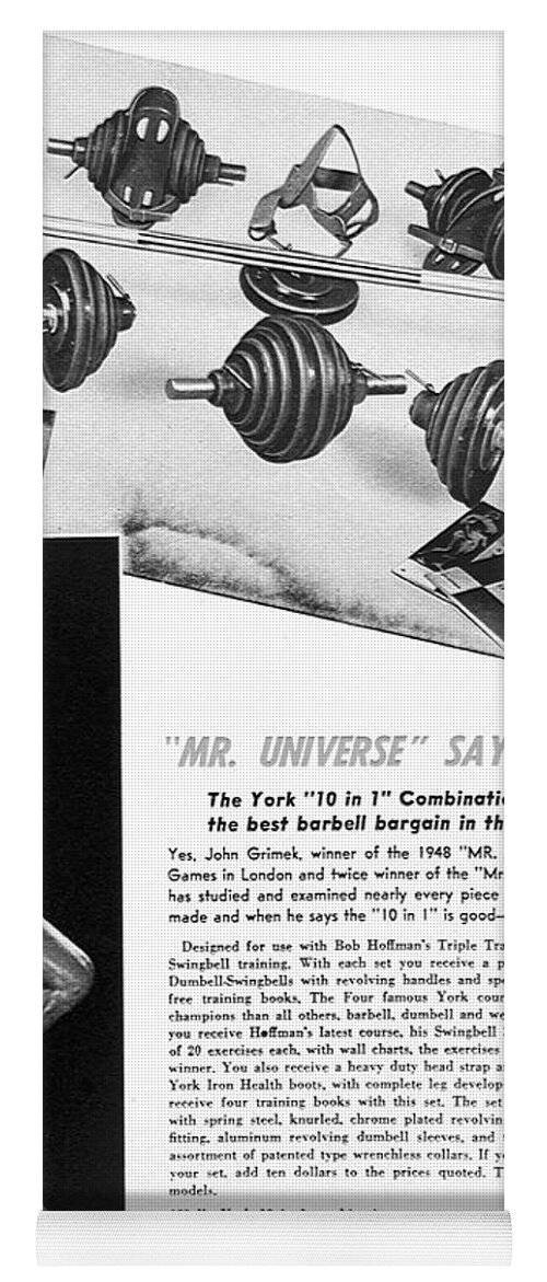 York Barbells Add 1940s Yoga Mat featuring the photograph 1940s York Barbell add with Mr, Universe John Grimek by David Lee Thompson