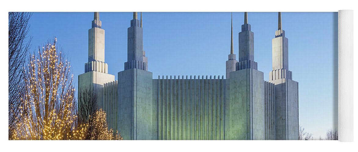 Church Of Jesus Christ Of Latter-day Saints Yoga Mat featuring the photograph Mormon temple in Washington DC with xmas lights #2 by Steven Heap