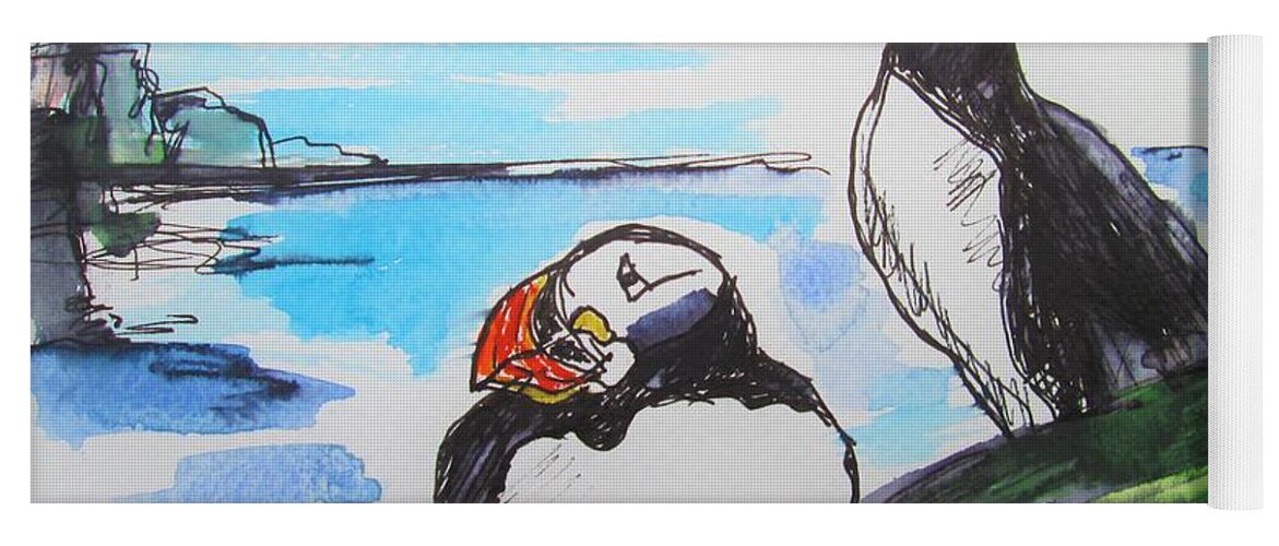 Puffin Art Yoga Mat featuring the painting Painting Of 2 Puffins by Mary Cahalan Lee - aka PIXI