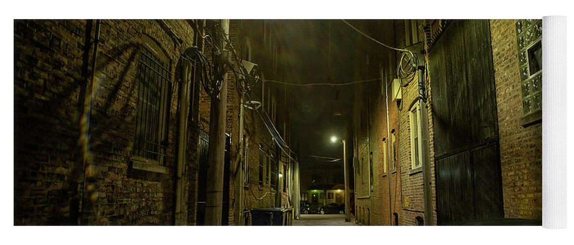Alley; Night; Street; City; Urban; Alleyway; Dark; Scary; Light; Garbage; Back; Road; Crime; Scene; Spooky; Brick; Vintage; Empty; Wall; Grunge; Chicago; Eerie; Dirty; Gritty; Window; Corner; Downtown; Reflection; Old; Landscape; Halloween; Cityscape; Haunted; House; Horror; Shadow; Retro; Evening; Nobody; Outdoor; Way; Building; Dumpster; Dramatic; Surreal; Scenery; Trash; Alone; Dusk; Twilight Yoga Mat featuring the photograph Vintage Chicago Alley #2 by Bruno Passigatti