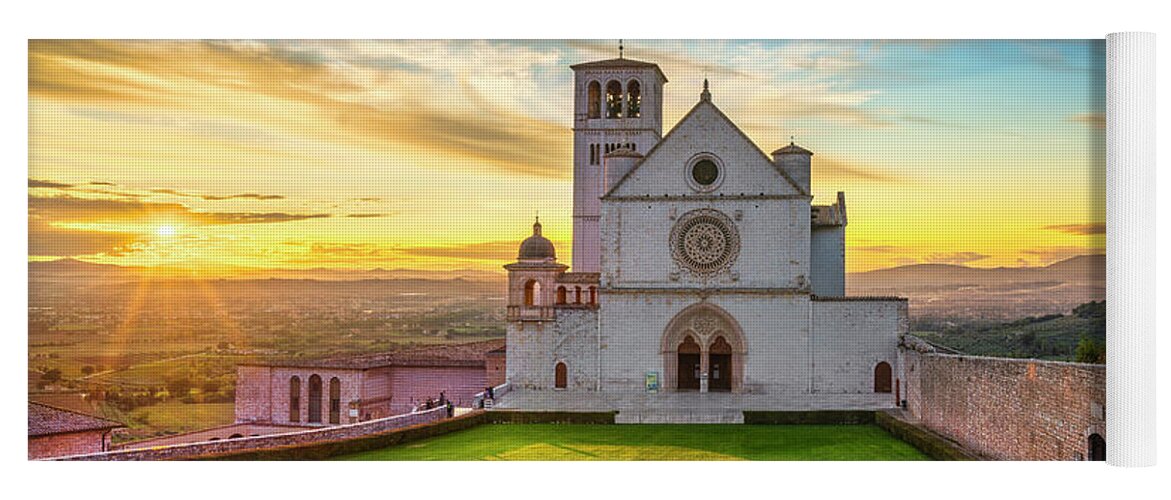 Assisi Yoga Mat featuring the photograph Assisi, San Francesco Basilica church at sunset. Umbria, Italy. #1 by Stefano Orazzini