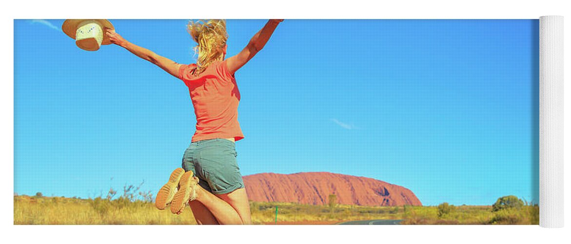 Australia Yoga Mat featuring the photograph Uluru woman jumping #5 by Benny Marty
