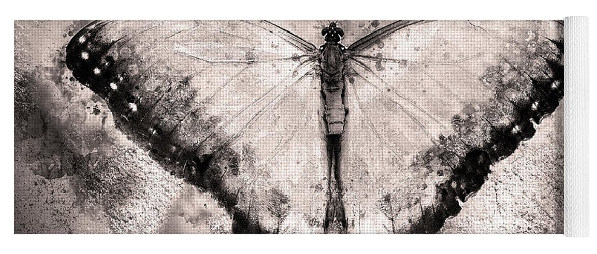 Rose Yoga Mat featuring the digital art A Butterfly On Concrete - Black And White by Anthony Ellis