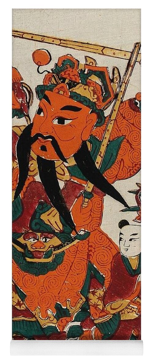 A Men Sheu (warrior Spirit) Brandishing Two Swords Yoga Mat featuring the painting A Men Sheu brandishing two swords, with a small figure carrying a flower at his sid by Artistic Rifki