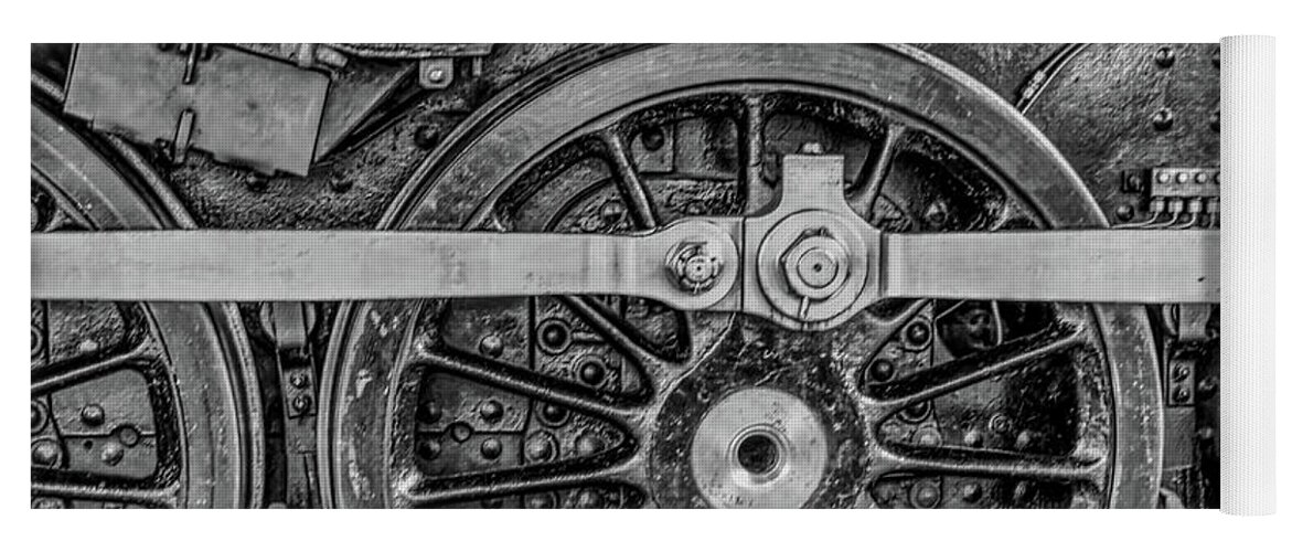 Digital Art Yoga Mat featuring the photograph A monochrome picture of steam train wheels taken in the York railway museum, Yorkshire UK 2019 by Pics By Tony