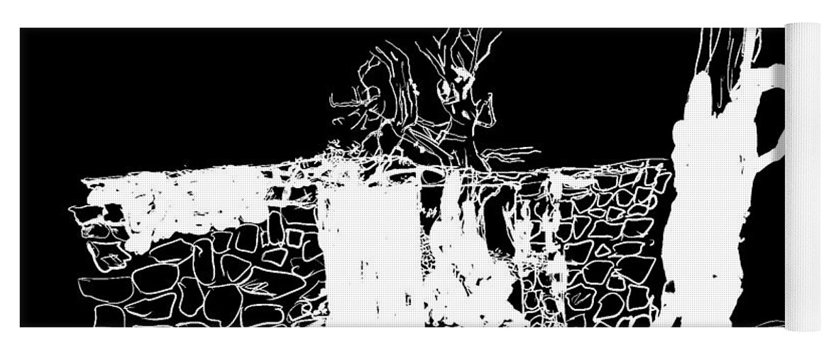 Landscape. Olive Grove. Trullo. Black And White. Yoga Mat featuring the digital art A negative look by Debbi Saccomanno Chan