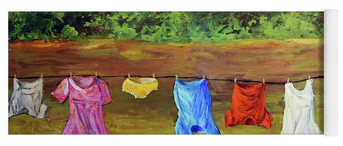 Laundry Yoga Mat featuring the painting A Windy Clothes Line in Oklahoma - An Original by Cheri Wollenberg 2022 by Cheri Wollenberg