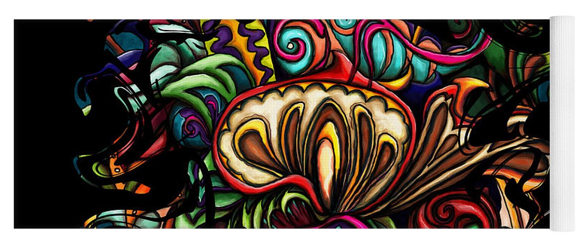 Mushroom Yoga Mat featuring the painting Abstract chameleon on red mushrooms, swirly colorful by Nadia CHEVREL