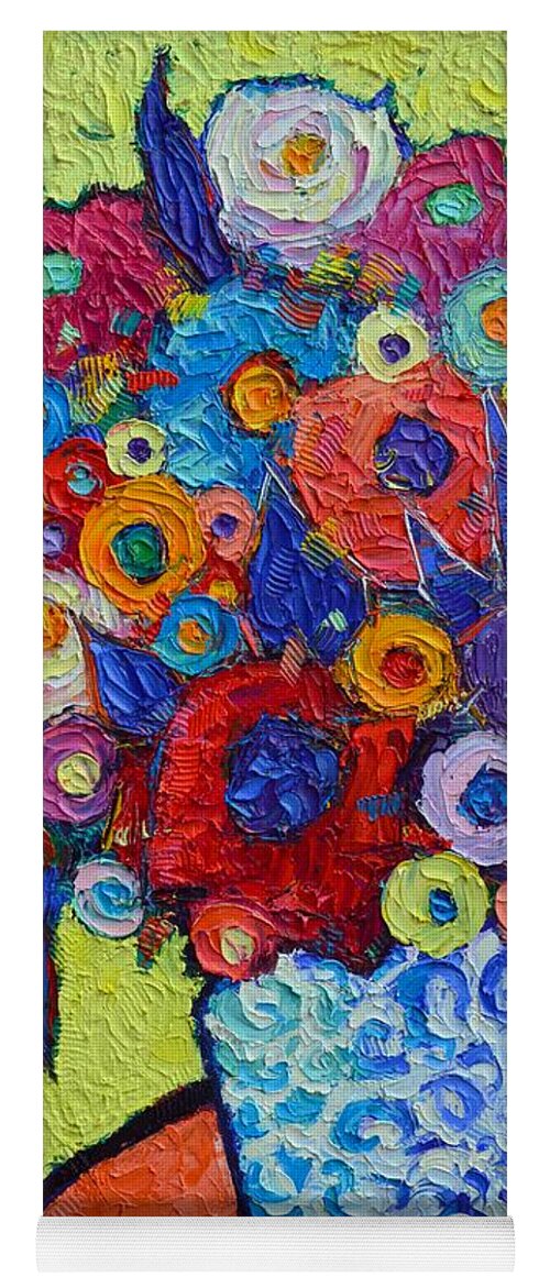 Abstract Yoga Mat featuring the painting ABSTRACT COLORFUL ROSES AND WILD FLOWERS textural impressionist impasto palette knife oil painting by Ana Maria Edulescu