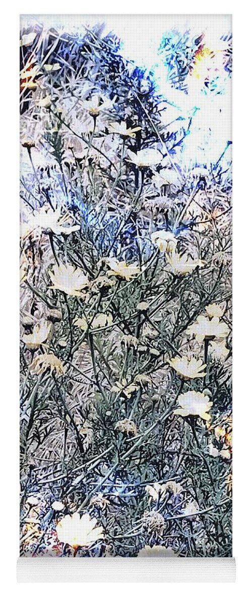 Abstract Yellow Flowers Green Leaves Grass Blue Tan Yoga Mat featuring the digital art Abstract Yellow Flowers by Kathleen Boyles