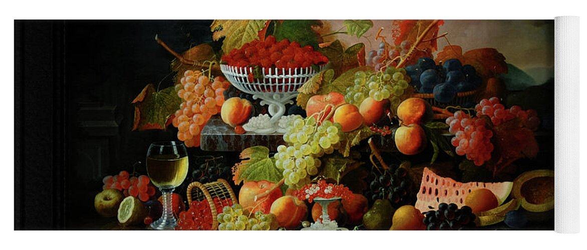 Abundance Of Fruit Yoga Mat featuring the painting Abundance of Fruit by Severin Roesen Old Masters Classical Fine Art Reproduction by Rolando Burbon