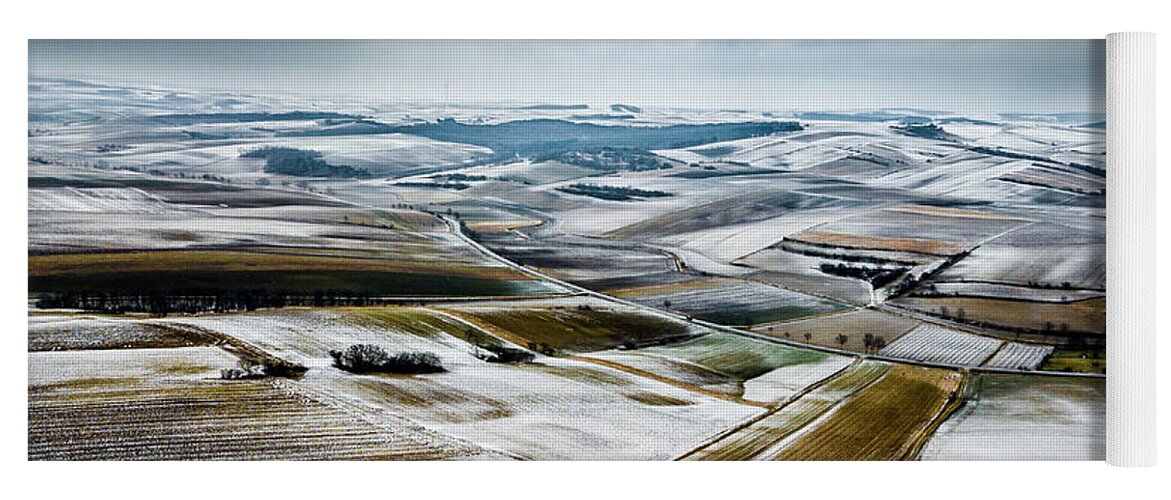 Above Yoga Mat featuring the photograph Aerial View Of Winter Landscape With Remote Settlements And Snow Covered Fields In Austria by Andreas Berthold