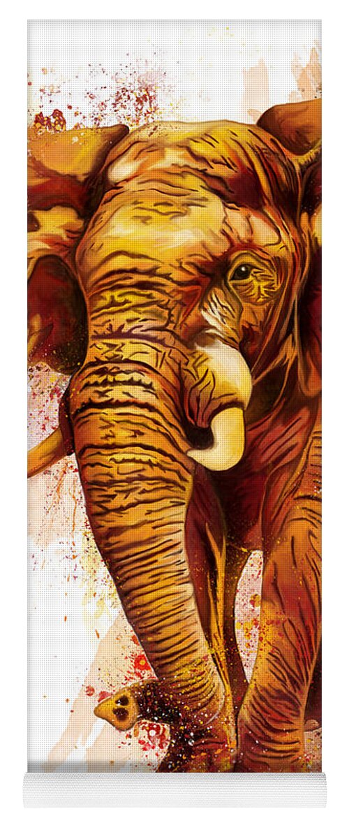African Elephant Yoga Mat featuring the painting African elephant splatter painting, orange and yellow elephant by Nadia CHEVREL