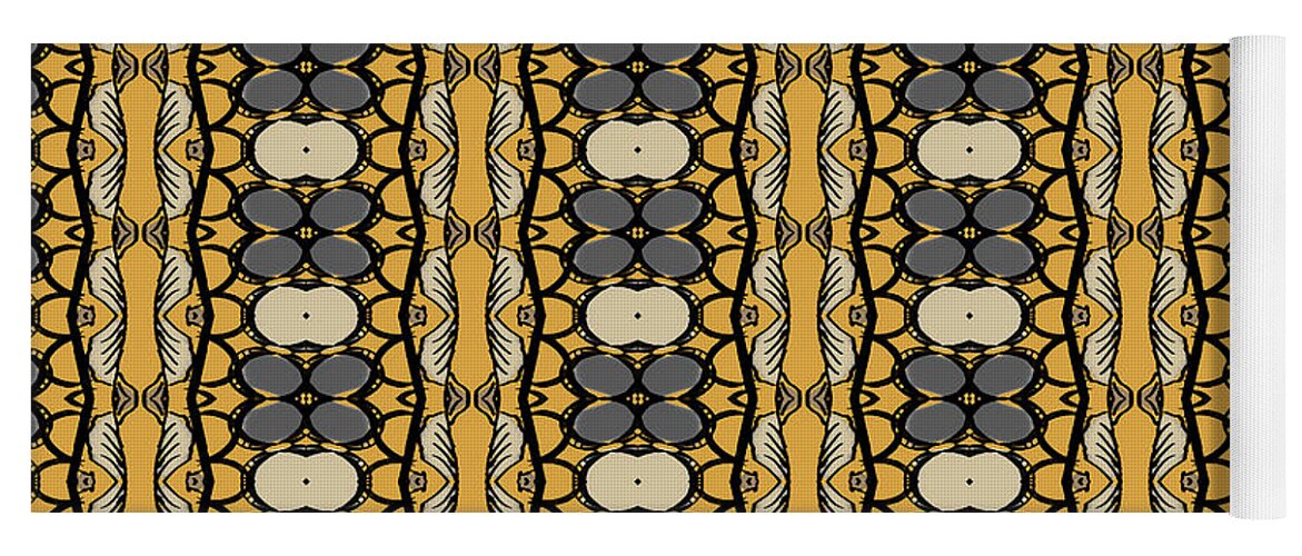 African Yoga Mat featuring the digital art African Leaf Strip Print Gray and Gold by Sand And Chi